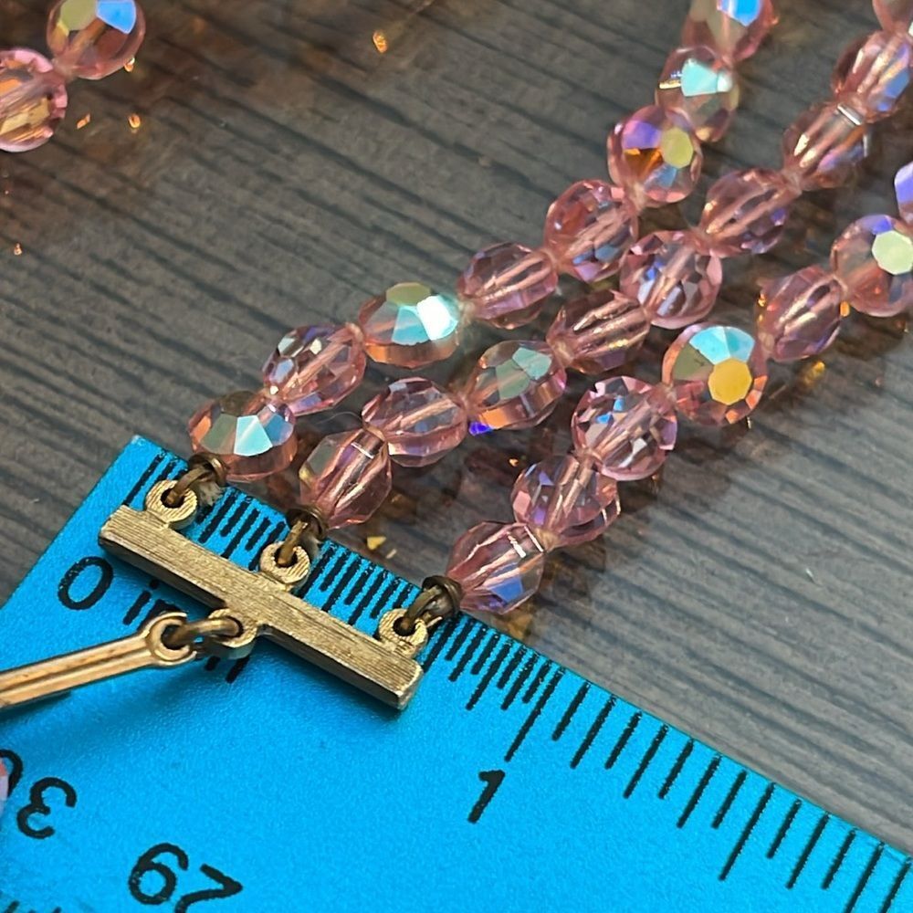 Vintage Three Strand Pink AB Crystal Necklace - Choker - Picture 9 of 16
